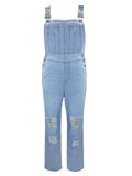 Women's Casual Solid Color Pockets Denim Ripped Jumpsuits