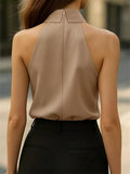 Female's Elegant Summer Solid Color Lapel Sleeveless Halter Blouse