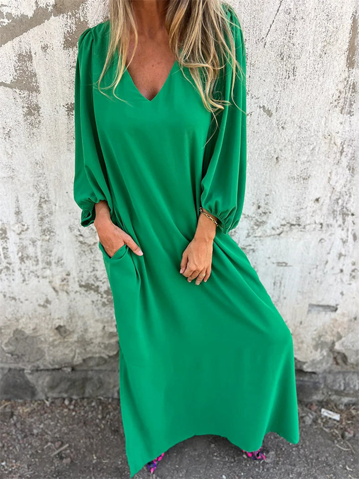 Women's Autumn Casual Loose V-neck Solid Color Lantern Sleeve Dress