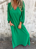 Women's Autumn Casual Loose V-neck Solid Color Lantern Sleeve Dress