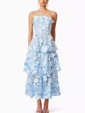 French Style Elegant 3D Embroidery Flowers  Strapless Dress for Lady