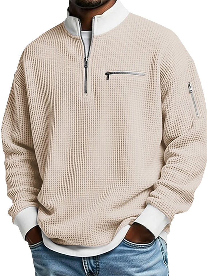 Mens Waffle Knit Quarter Zip Multi Zipper Pullover Sweatshirts