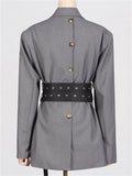 Women's Gray V-neck Long Sleeve Tie-waist Suit Coat