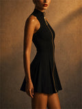 Women Black Gold Zip Sleeveless Mock Neck Pleated Mini Dress