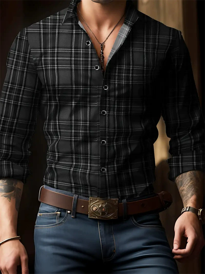 Men's Contrast Color Checkered Button Up Long Sleeve Casual Shirts
