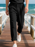 Men's Casual Linen Solid Color Drawstring Straight Trousers