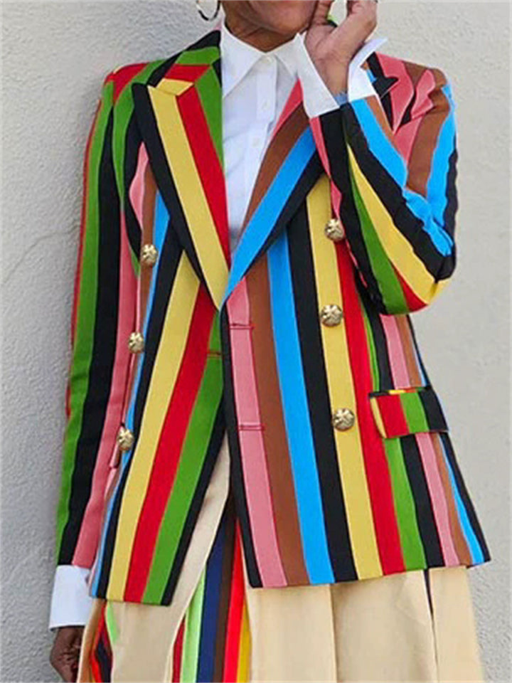 Women's Contrast Colors Striped Double Breast Lapel Suit Coat