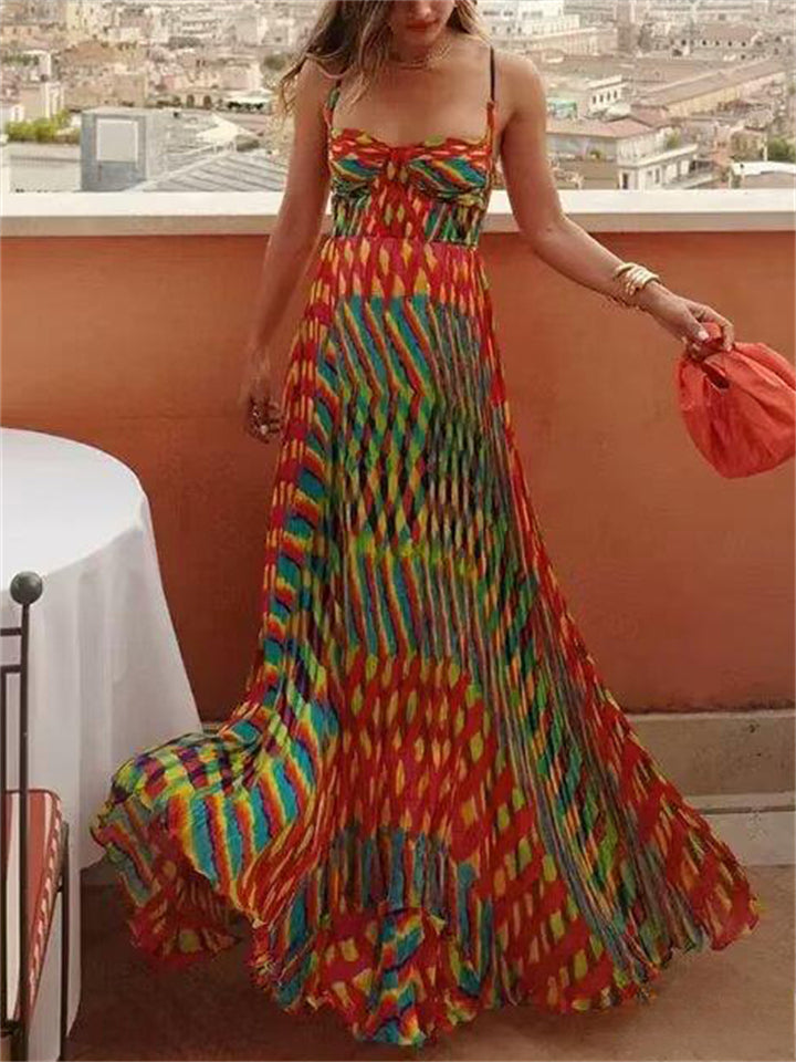 Women's Summer Trendy Red Geometry Print Strap Dress