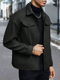 Men's Solid Autumn Long Sleeve Lapel Button Up Coat with Flap Pockets