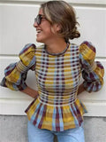 Women's Elegant Plaid Pleated Puffed Sleeve Blouses