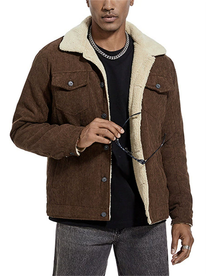 ‌Men’s Winter Lapel Thick Corduroy Fleece Lined Coats