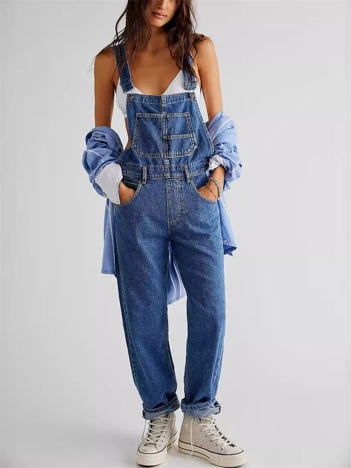 Women's Solid Color Pockets Denim Overall Jumpsuits