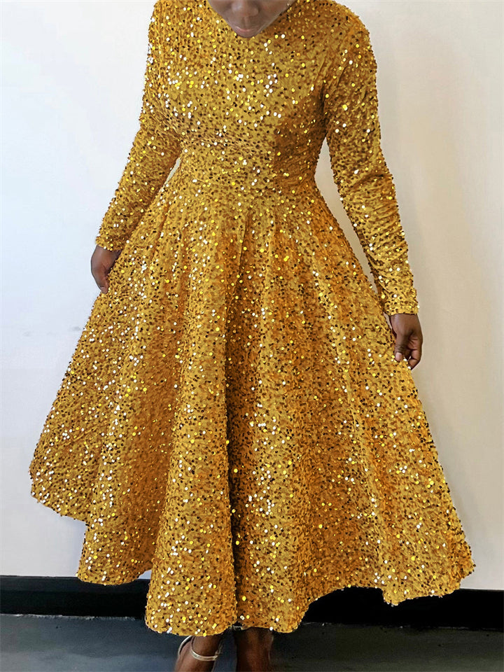 Women's Sequined Long Sleeve Big Hem Maxi Dress