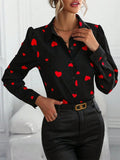 Women's Elegant Black Heart Print Lapel Long Sleeve Blouses