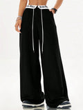 Letter Print Patchwork Drawstring Wide Leg Casual Pants for Women