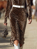 ‌Leopard Print Zip Up Lapel Belted Maxi Dress for Women‌