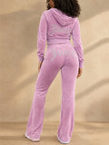 Women Velvet Y2K 2 Piece Set Hoodie and Flare Pants Tracksuit