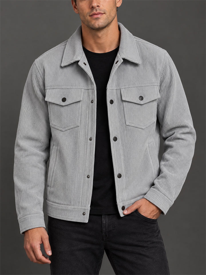 Men Corduroy Button Down Chest Pockets Casual Trucker Jacket