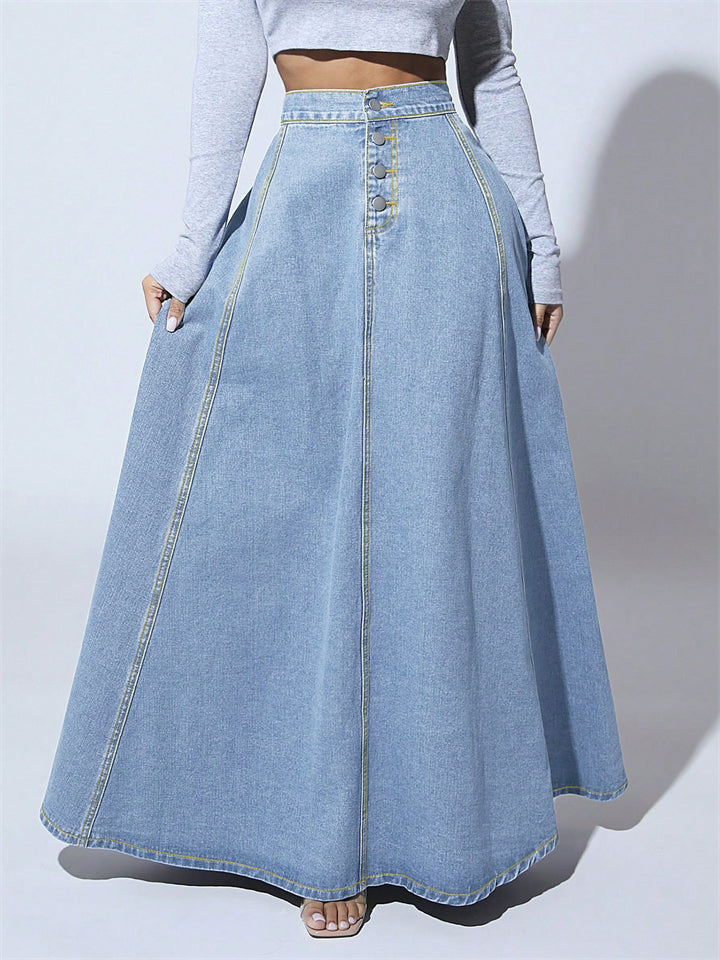 Women's Single-breasted  A-Line Big Hem Denim Skirts