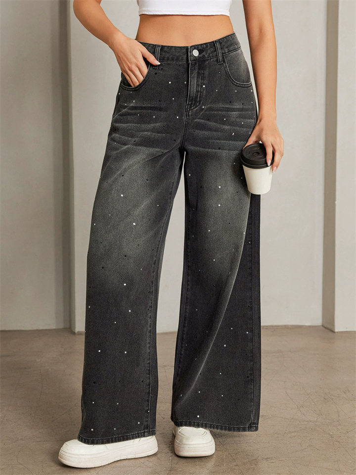 Women's Casual Bling Black Hot Drilling Wide Leg Denim Pants
