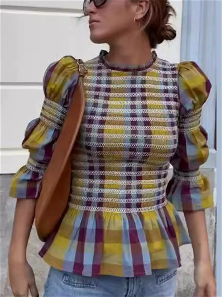 Women's Elegant Plaid Pleated Puffed Sleeve Blouses