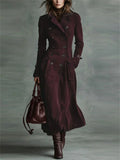 Autumn Suede Long Trench Coat for Women with Double Breasted Buttons