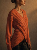 Women Stylish Wrap V Neck Cable Knit Pullover Sweaters