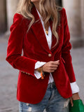 A‌utumn Single Breasted Lapel Velvet Blazer for Women with Button Details
