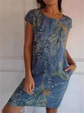 Women's Summer Causal Plants Printed Round Neck Knee Length Dress