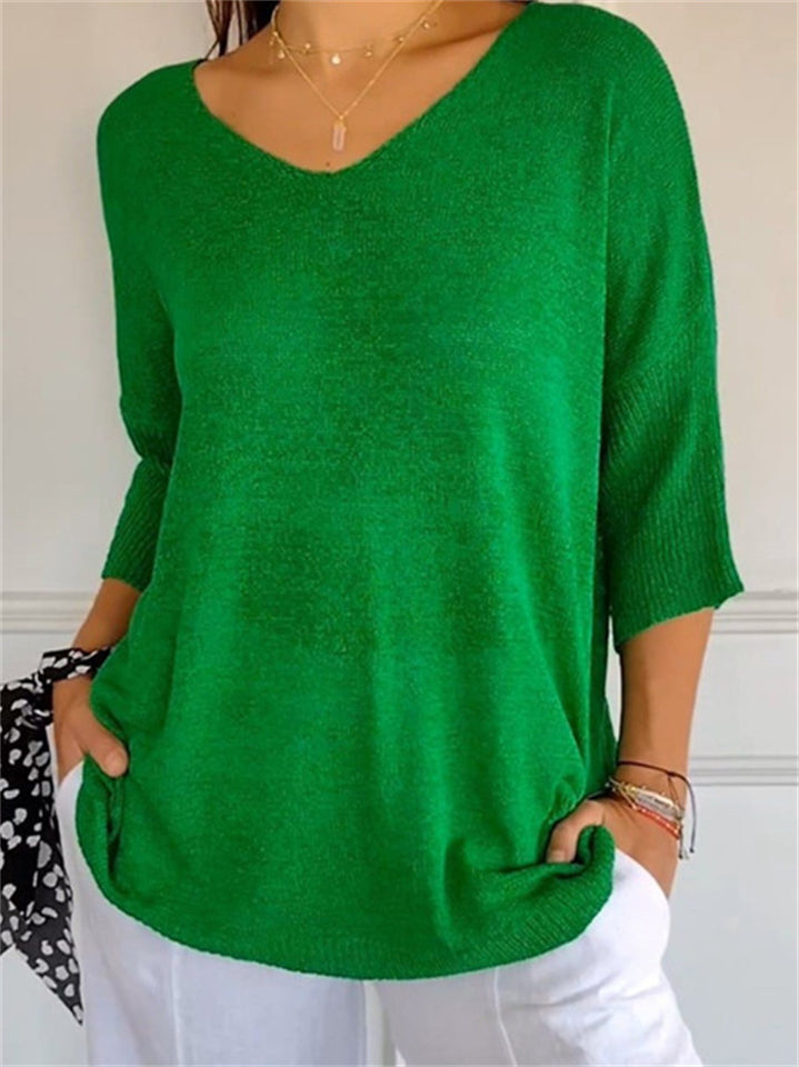 Casual Solid Color V-Neck 3/4 Sleeve Sweater for Women