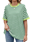 Women's Casual Contrast Color Striped Round Neck Short Sleeve T-Shirts