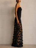 Women Strapless Black Evening Gown Sheer Mesh Circle Dress