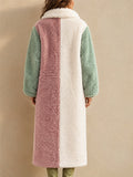 Women Color Block Faux Fur Coat Long Teddy Fleece Overcoat