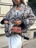 Women's Trendy Contrast Color Geometry Print Lapel Cardigan Coat