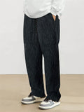 Men's Trendy Loose Fit Textured Striped Pleated Trousers with Big Pockets