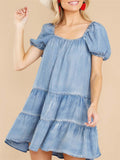 Women's Fashion Light Blue Denim Ruffled Hem Cake Dress