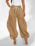 Women's Drawstring High Waist Baggy Tie Hem Joggers Denim Cargo Pants