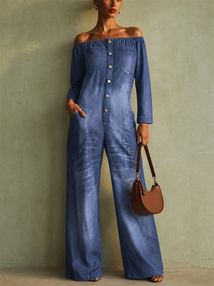 Women's Off Shoulder Button Up Wide Leg Vintage Jumpsuit
