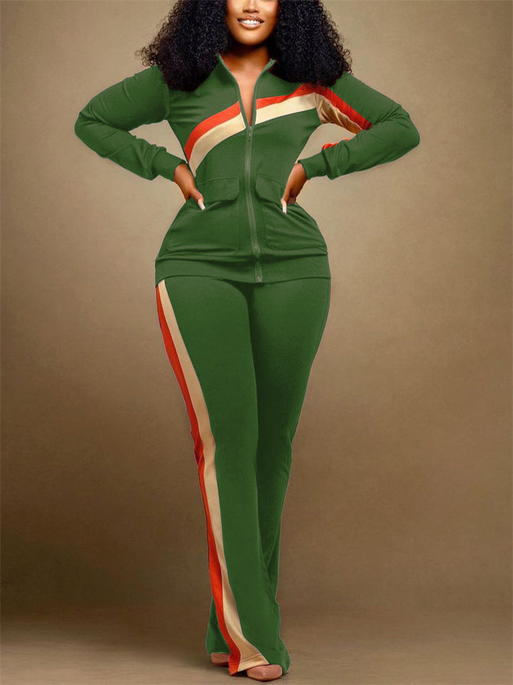 Women's Casual Color Block Striped Zip Up Sportswear Tracksuit Set