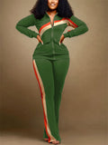 Women's Casual Color Block Striped Zip Up Sportswear Tracksuit Set