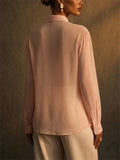 Women Pink 3D Floral Sheer Long Sleeve Chiffon Button Blouse