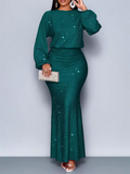 Women's Elegant Glitter Long Sleeve Pleated Fishtail Maxi Evening Dresses