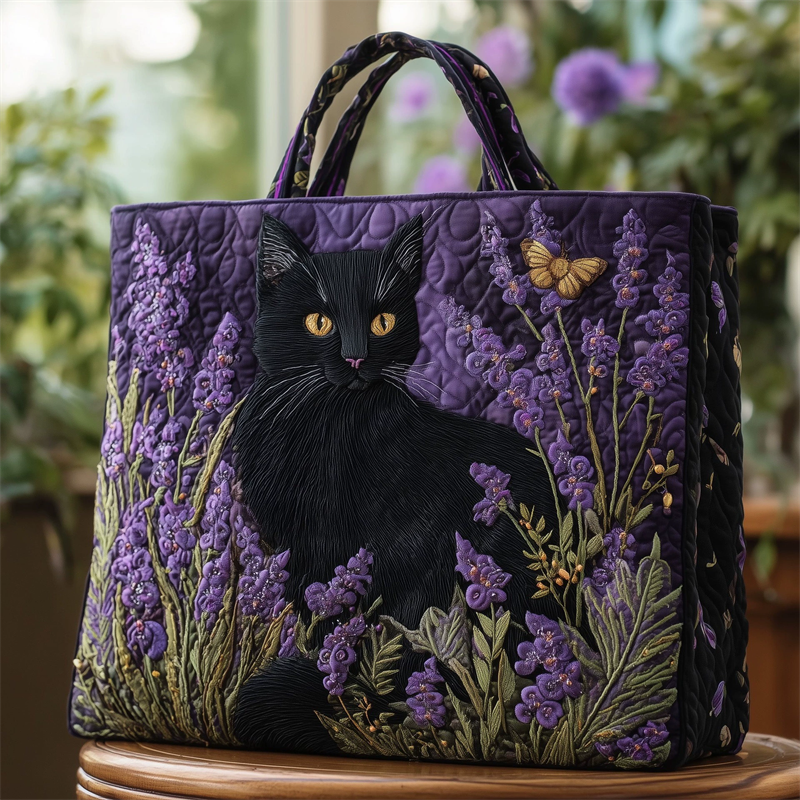 Women's Black Cat Purple Lavender Quilted Tote Bags