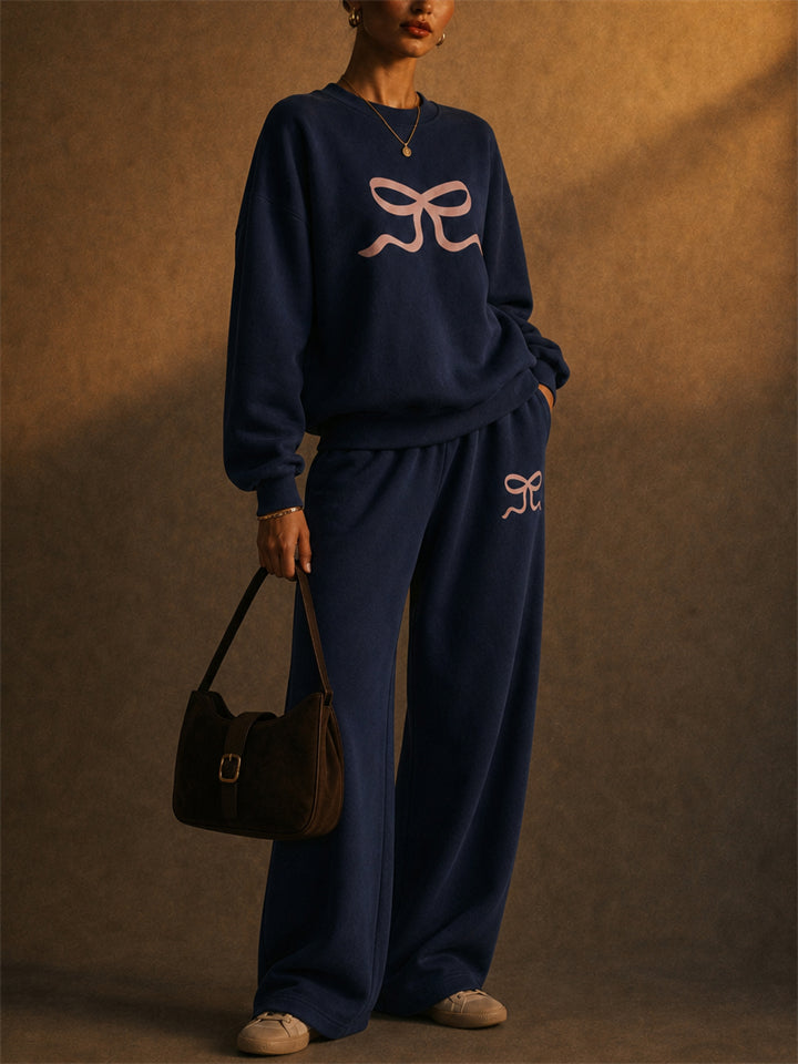 Women Bow Coquette 2 Piece Sweatshirt Wide Leg Pants Set