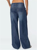 Women's Blue Striped Mid Waist Wide Leg Denim Jeans
