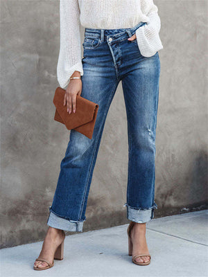 Women's Chic Irregular Waist Slim Fit Blue Jeans