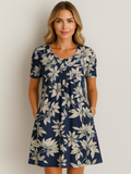 Women's Summer Floral Printed Round Neck Pocket Dress