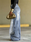 Women's Stylish Asymmetric Cross Waist Wide Leg Baggy Washed Denim Pants