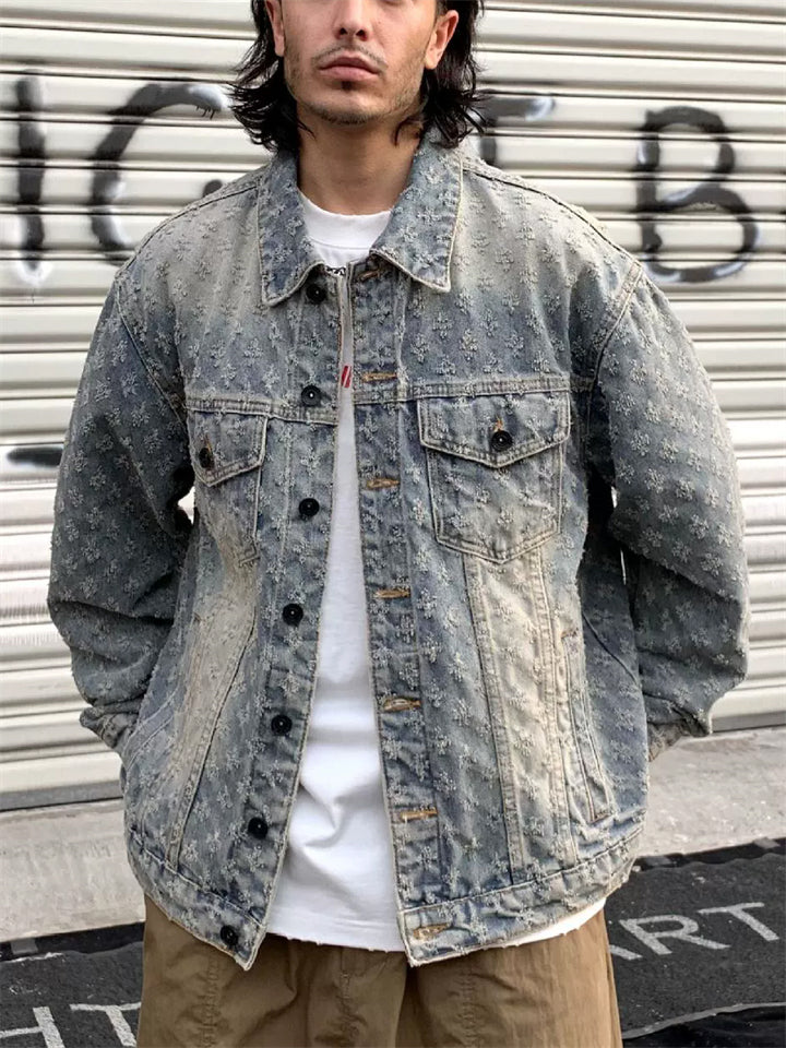 Men's Vintage Washed Distressed Jacquard Denim Jackets