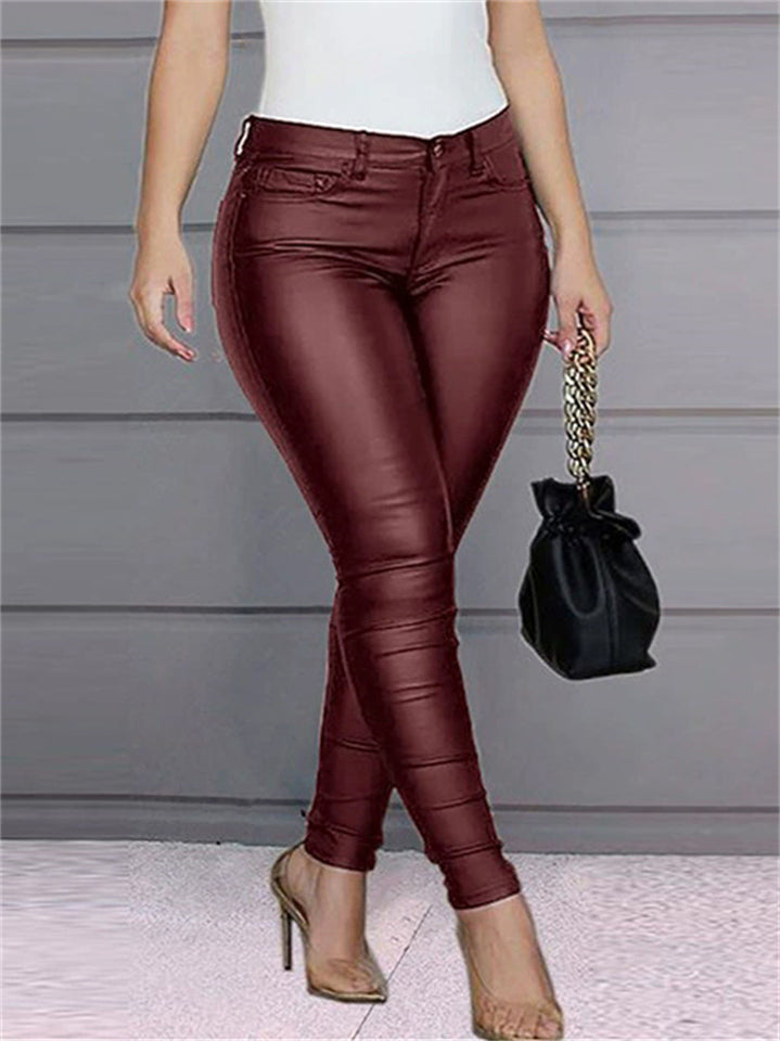 Casual Autumn PU Leather Women's High Waist Pencil Pants Slim Fit